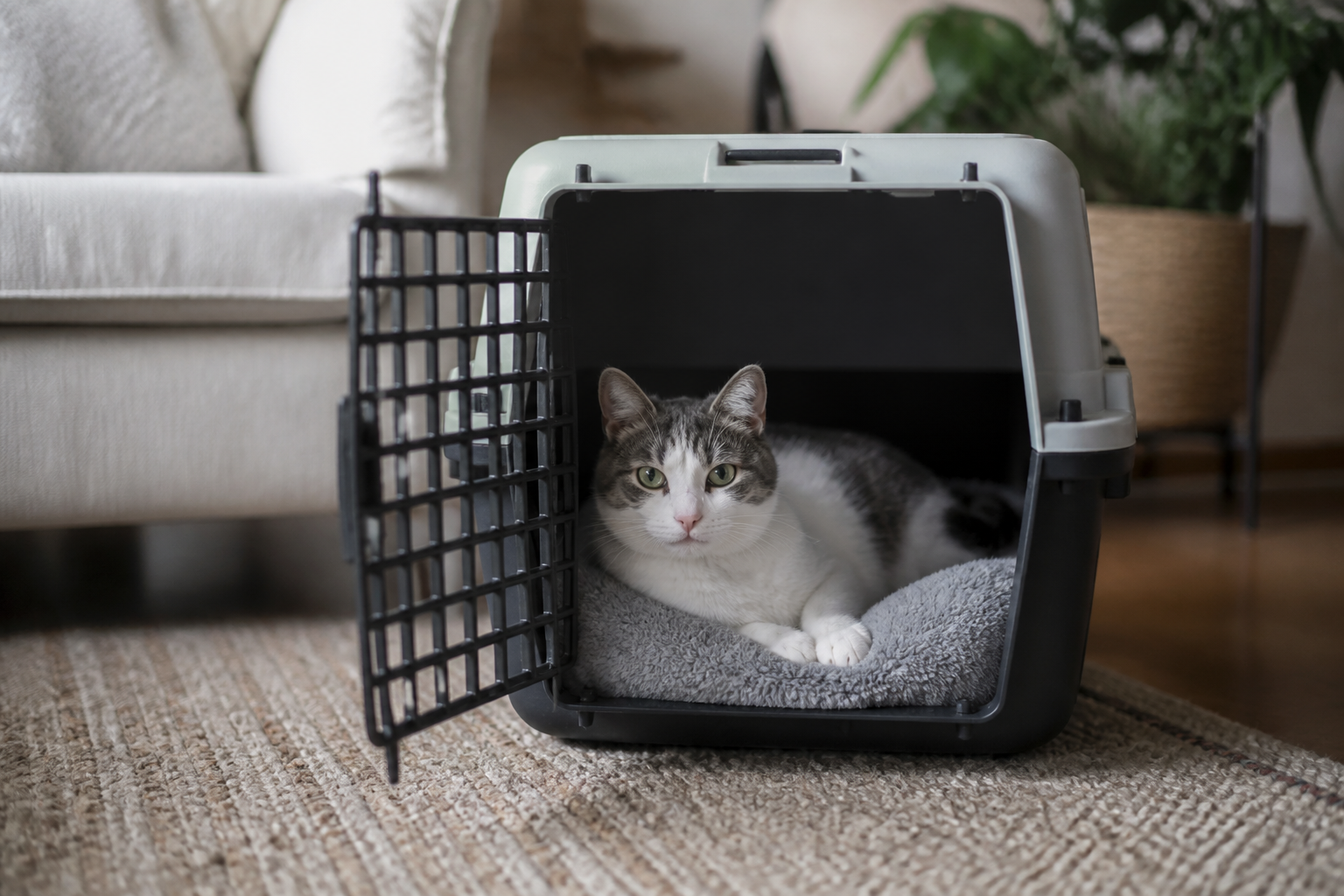 Chat blanc et gris couché dans une caisse de transport rigide dont la porte reste ouverte, posée dans un salon