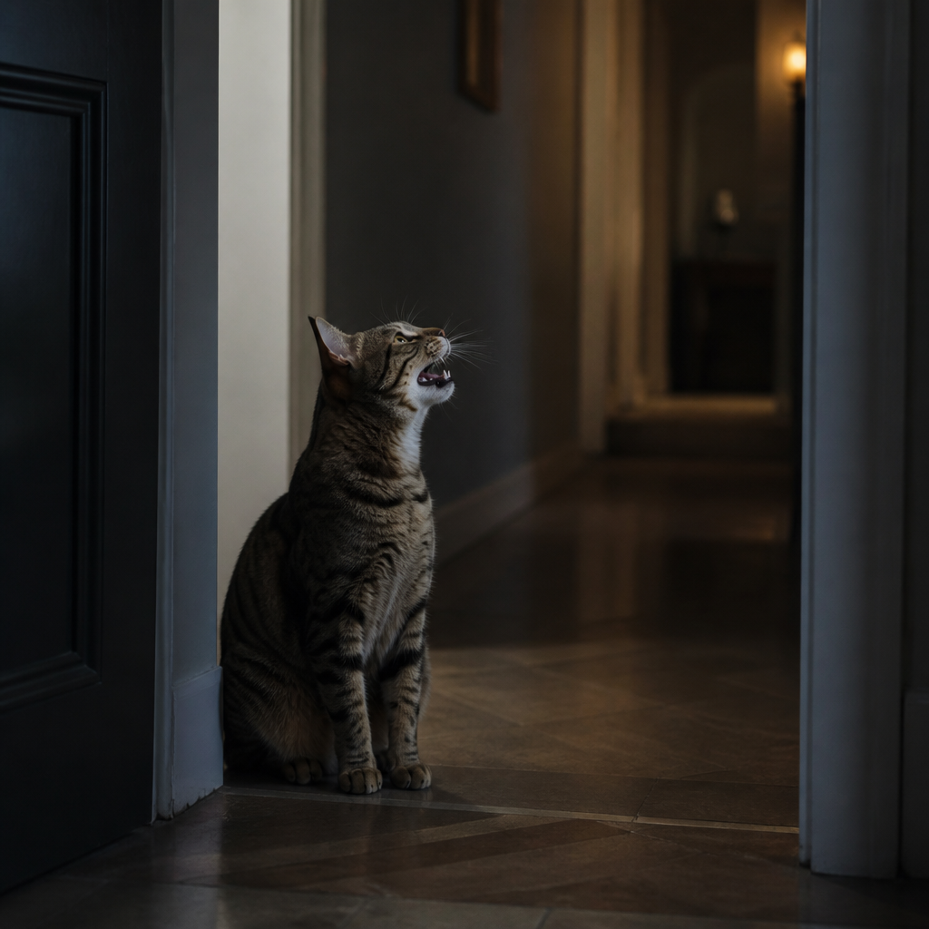Chat assis dans l’encadrement d’une porte sombre, la tête levée vers un couloir faiblement éclairé