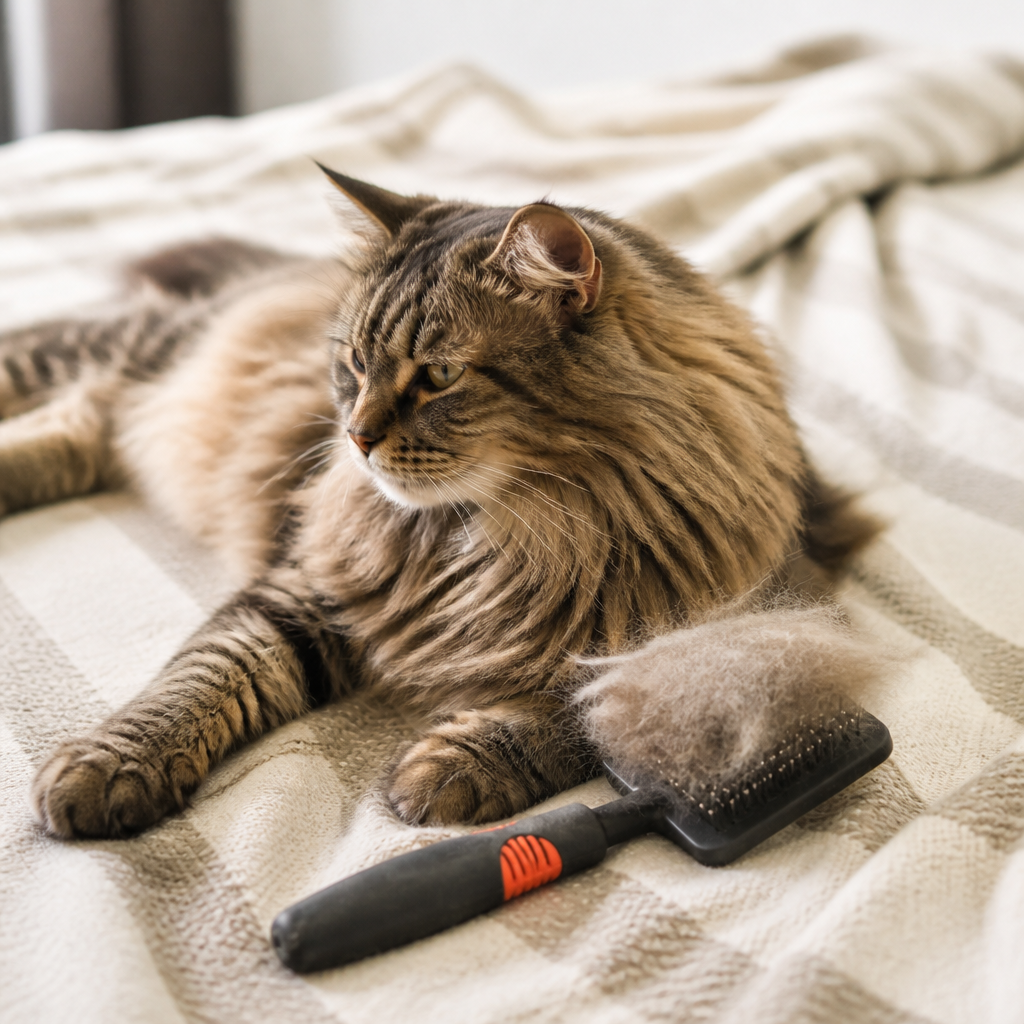 Chat au poil long brossé sur un plaid clair, avec une touffe de poils accumulée sur la brosse