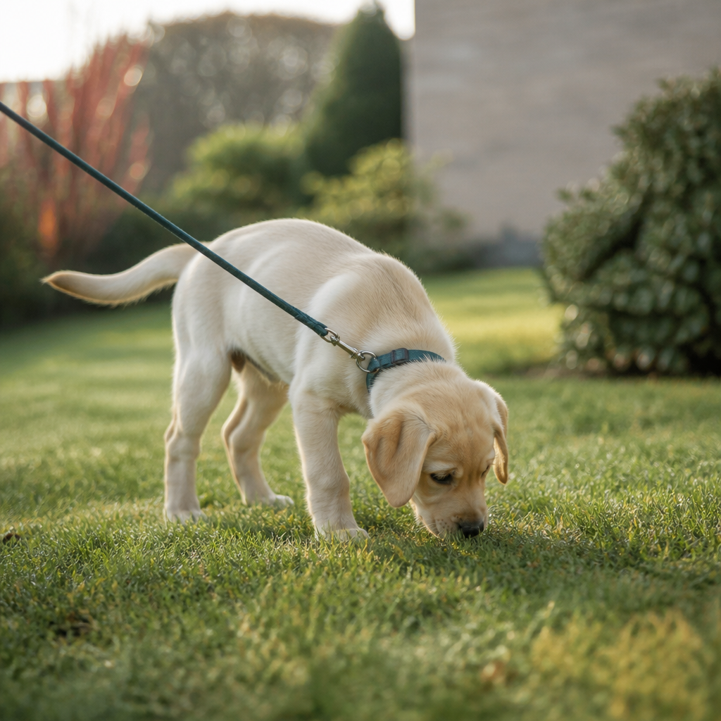 Jeune chiot beige reniflant l’herbe d’un jardin au petit matin, tenu en laisse détendue