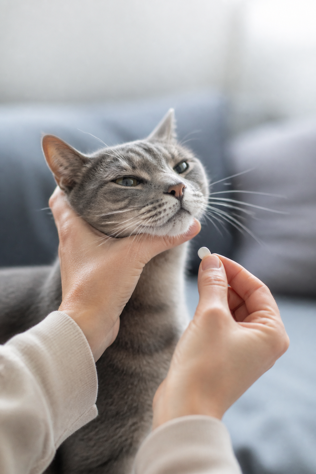 Personne tenant doucement la tête d’un chat gris d’une main, un petit comprimé blanc entre les doigts de l’autre