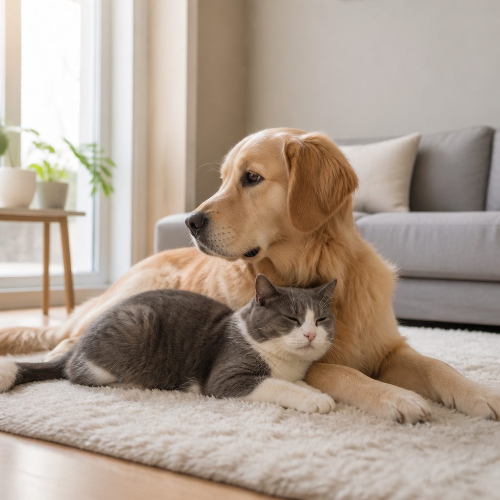 Un chien couché sur un tapis et un chat installé contre lui dans un salon lumineux