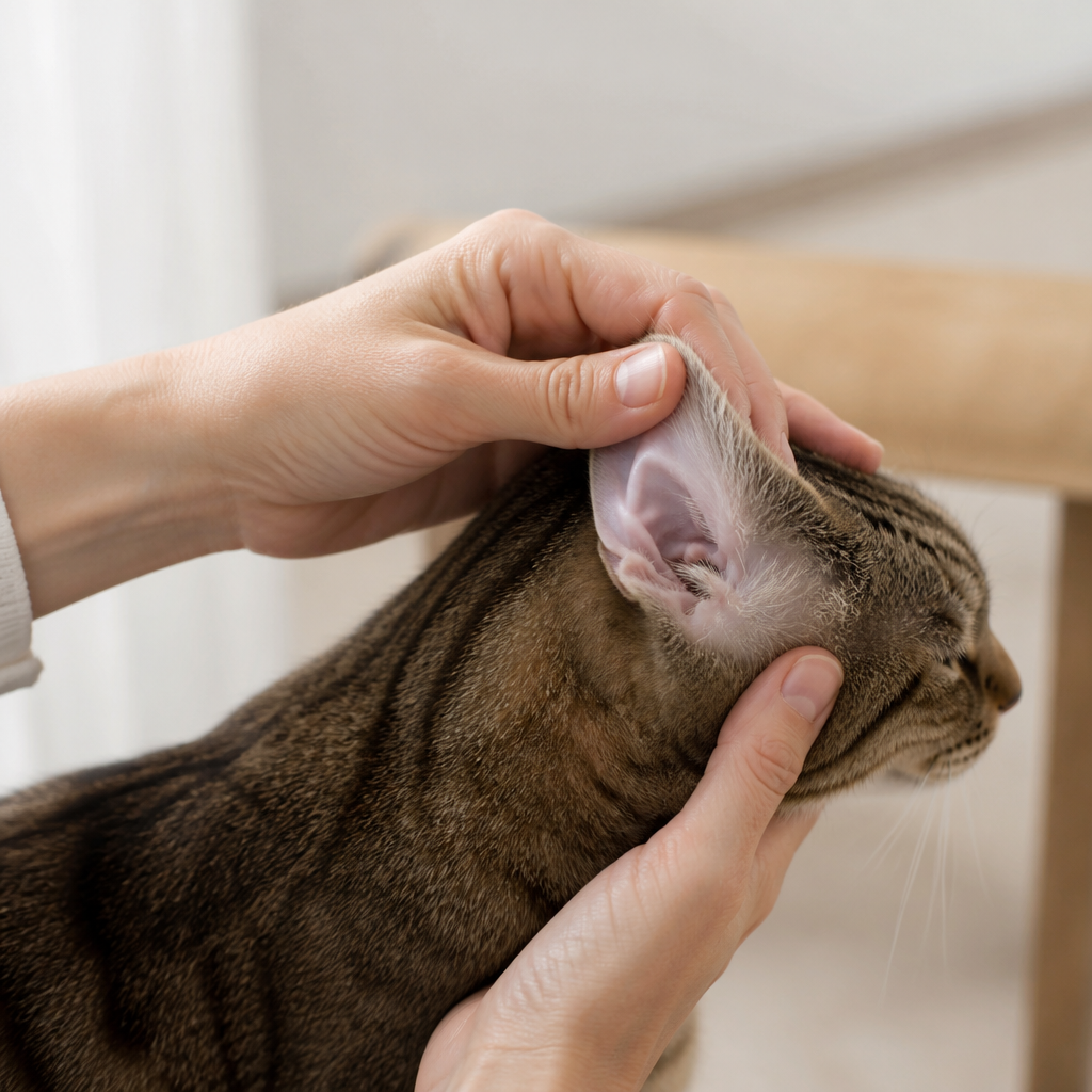 Personne écartant délicatement l’oreille d’un chat tigré pour en observer l’intérieur à la lumière du jour