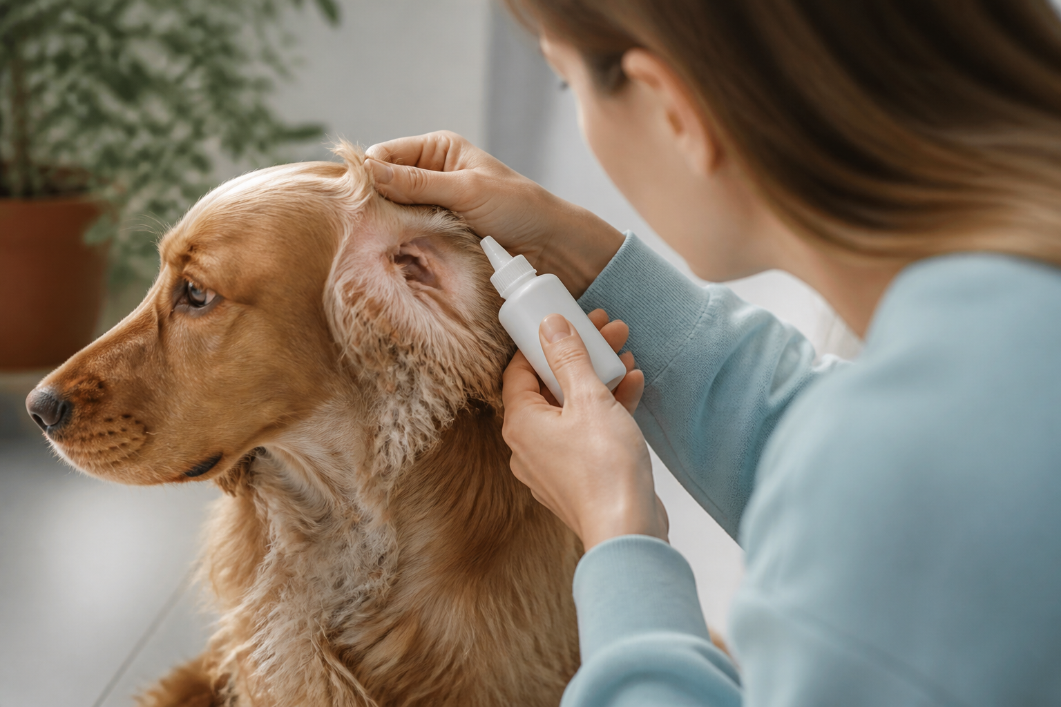 Personne soulevant le pavillon auriculaire d’un chien à oreilles tombantes, flacon de lotion auriculaire à la main